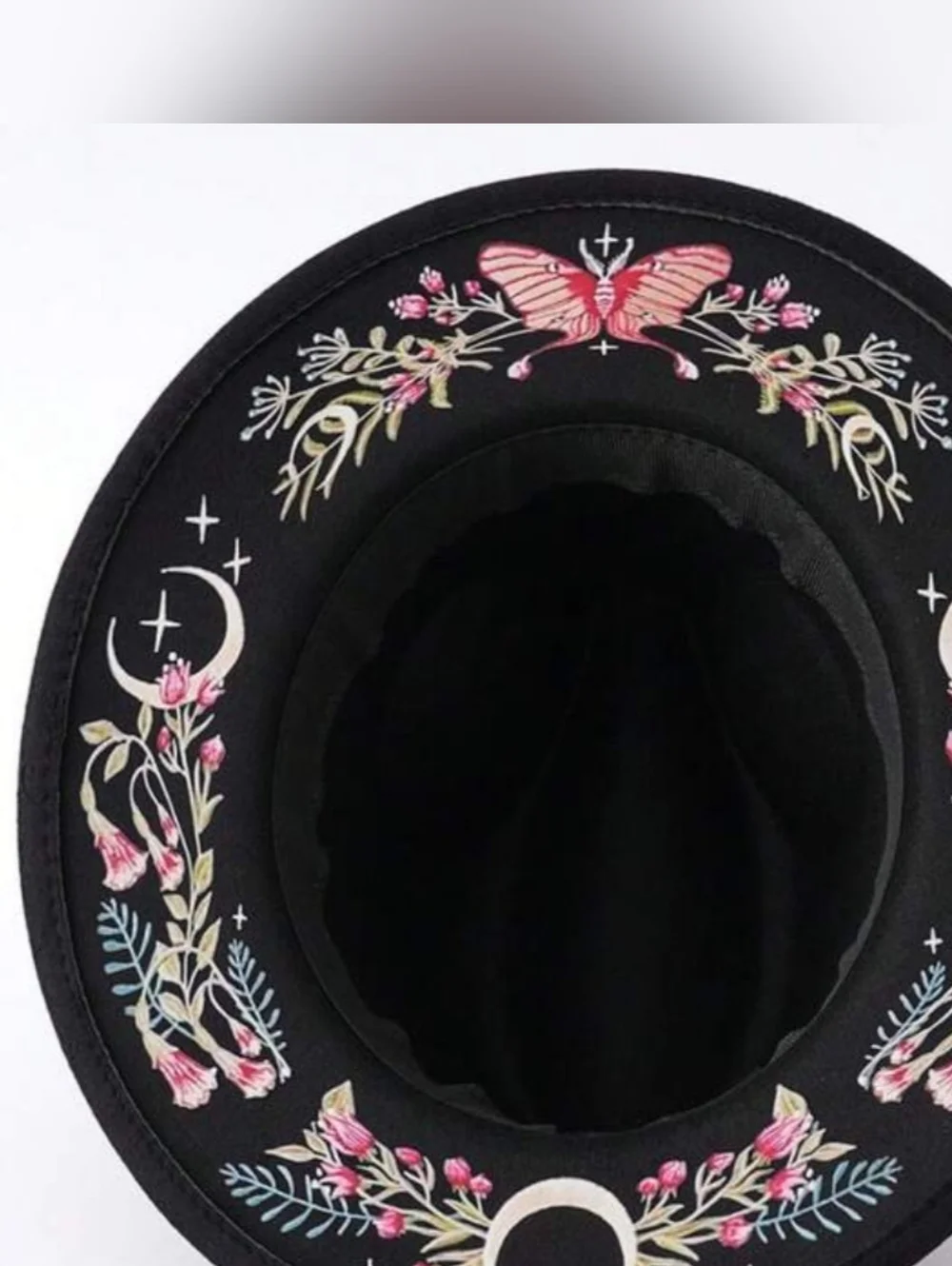Witchy Black Wide-Brim Fedora with Pink Floral, Butterfly & Moon Embroidery - Picture 5 of 13